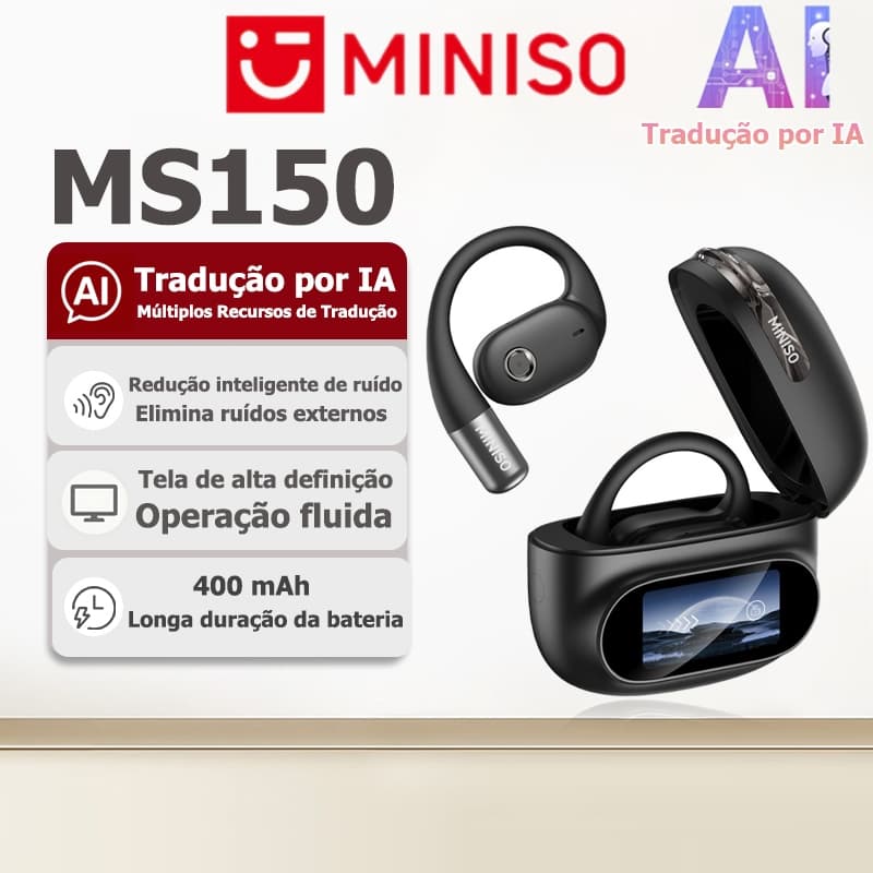 Fone Bluetooth de tradução IA MINISO MS150, Bluetooth 5.4, tela de alta definição, resistência à água IPX5, garantia de