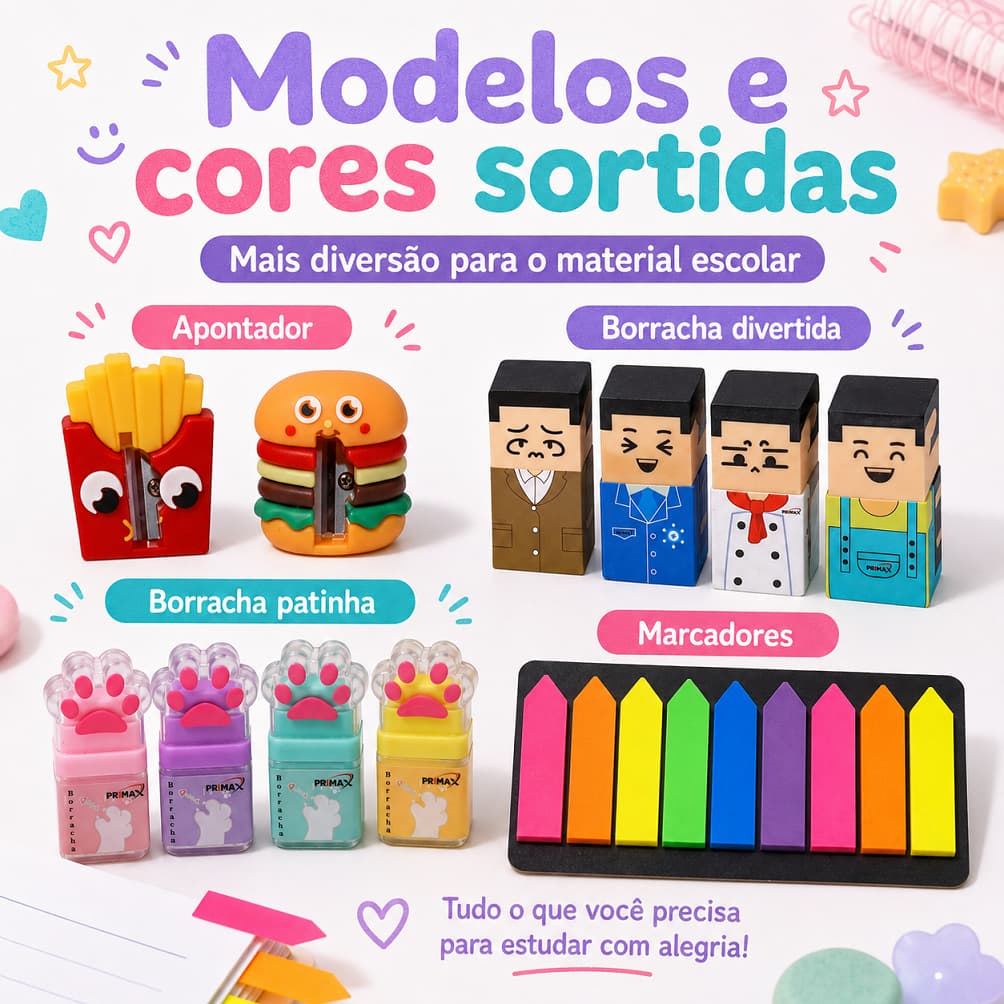 Kit Papelaria Fofo Escolar com Apontador Borrachas Criativas e Marcadores de Página Coloridos