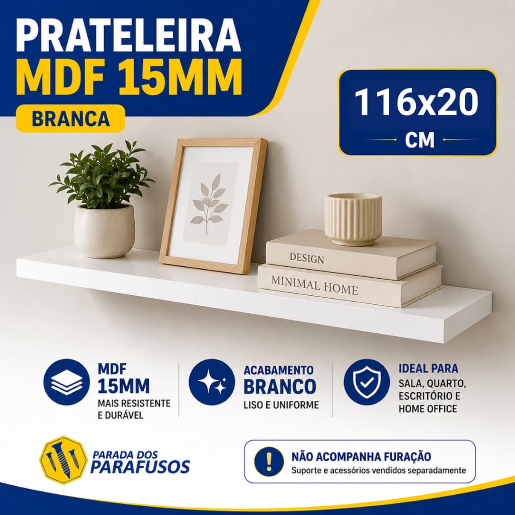 Prateleira Lisa Mdf 15mm Branco 116x20 Prateleiras branca Parede