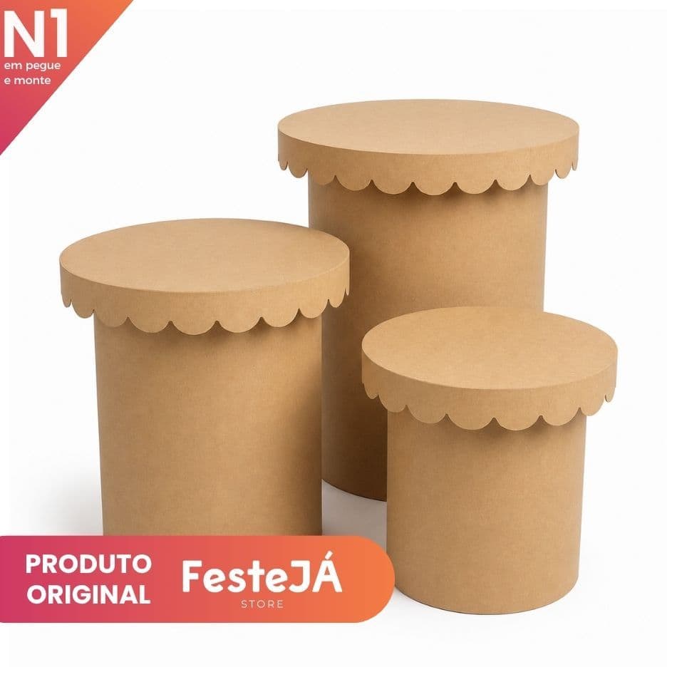 Trio Tampo Babado Encaixe Cilindro MDF Kit 3 Unidades Decoração Festa Mesa Painel