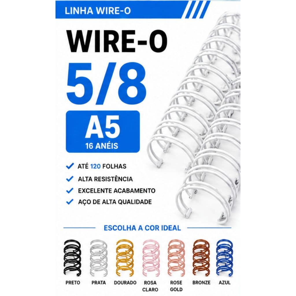 WIRE-O PARA ENCADERNAÇÃO 2X1 A5 5/8" 120 FLS BRANCO,PRETO,PRATA,ROSE GOLD,DOURADO,ROSA CLARO,BRONZE