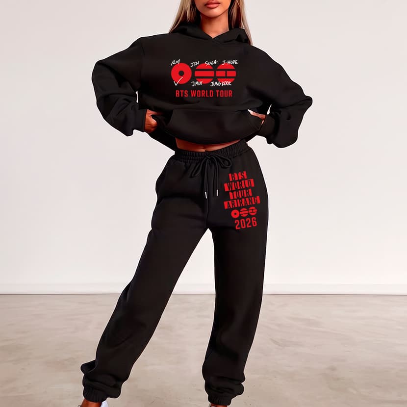 Kit Conjunto Moletom Canguru e Calça Jogger Feminino K-pop BTS Bangtan Boys Tour Arirang Show Y2K