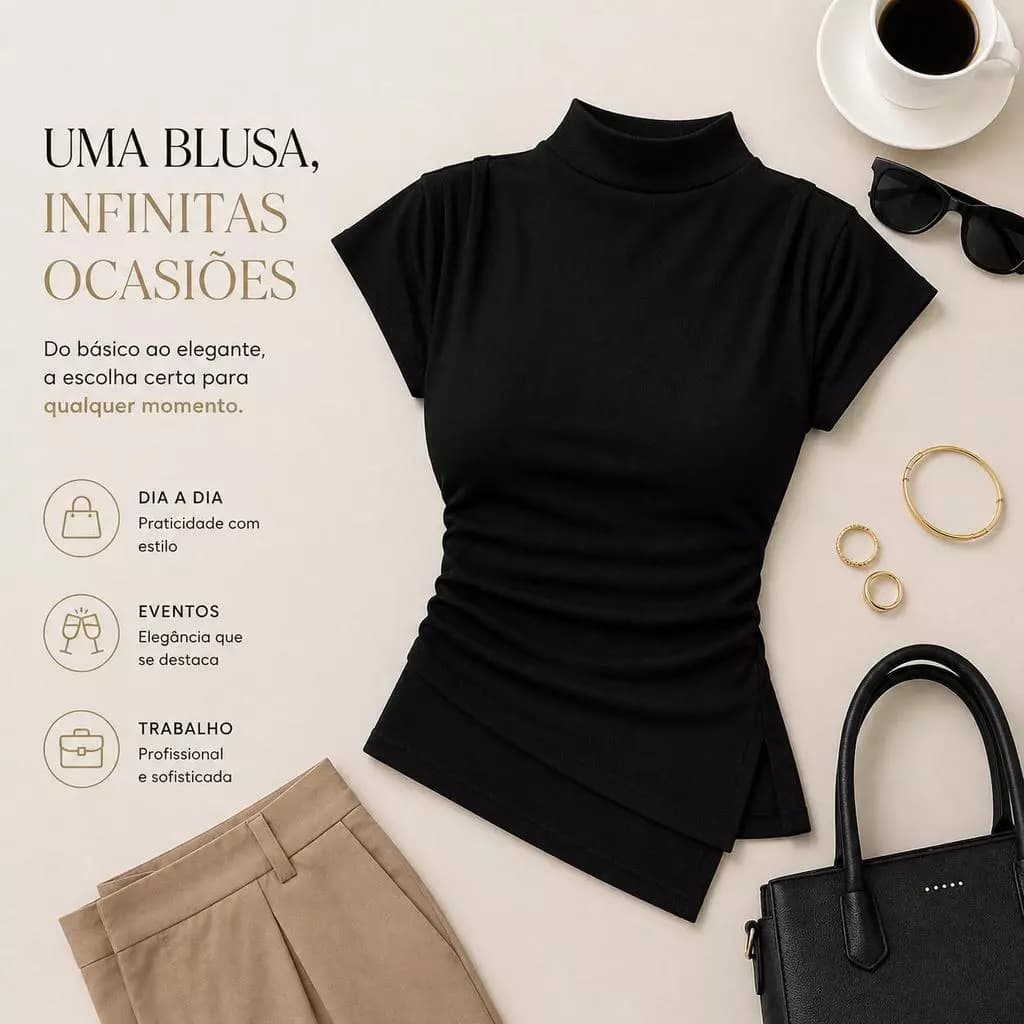 Blusa Feminina Assimétrica Canelada Elegante Básica Casual Ajustada Moda Premium Dia a Dia