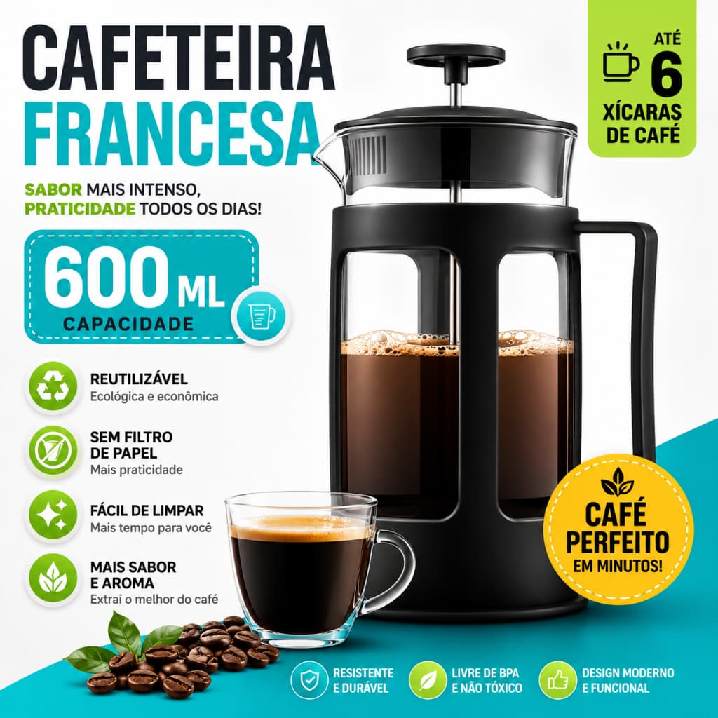 Cafeteira Prensa Francesa 600ml Premium Filtro Inox Reutilizável Café Chá Espumador de Leite - NL