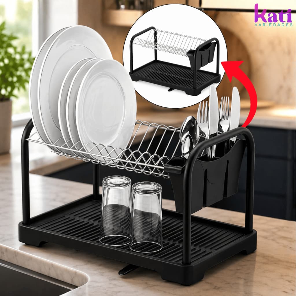 Escorredor de Louça Arthi 14 Pratos Black Cromado Bandeja Coletora com Porta Copos Talheres Preto