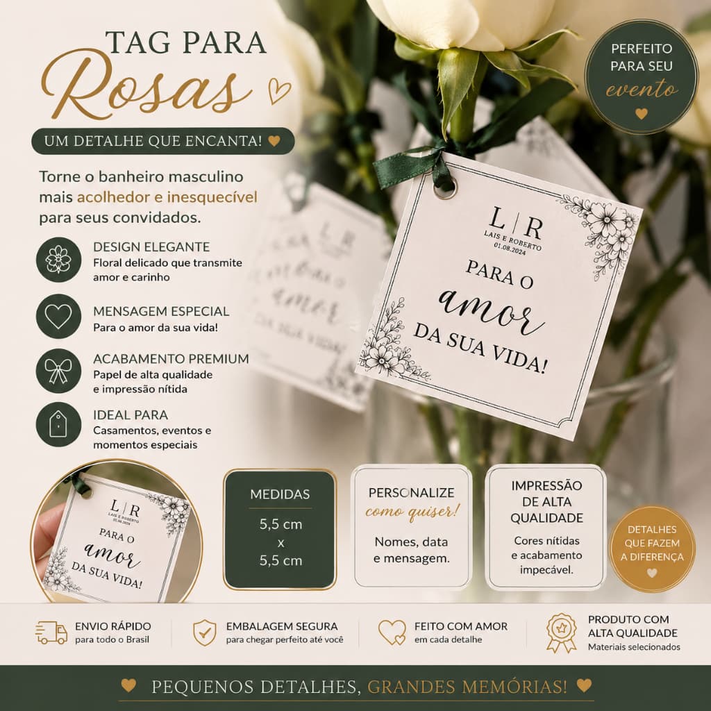 Tag para Rosa Personalizada | Lembrança para Banheiro de Casamento | 5,5x5,5 cm | Floral Elegante