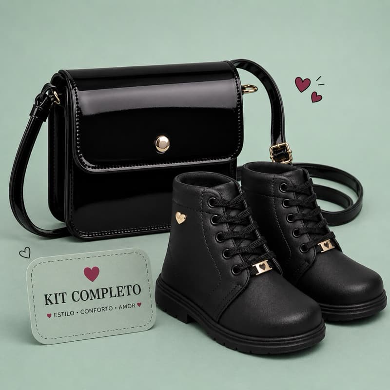 Kit Bota Infantil + Bolsa Menina Coturno Botinha Coração Delicada Feminina Para Todas As Ocasiõesr