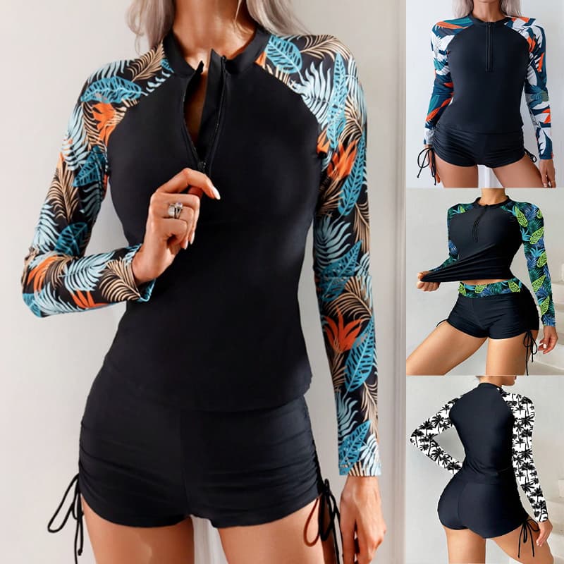 Maiô Feminino 2 Peças Manga Longa Conjunto Top e Shorts Estampado para Surf e Praia
