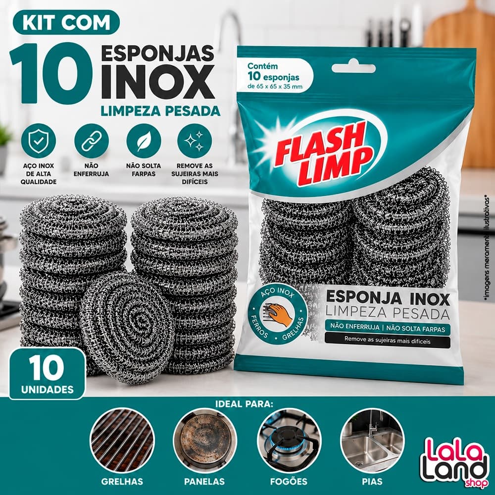 Kit 10 Esponjas Inox Limpeza Pesada Aço Inoxidável Não Enferruja Remove Sujeira Difícil Panela Fogão Grelha Pia