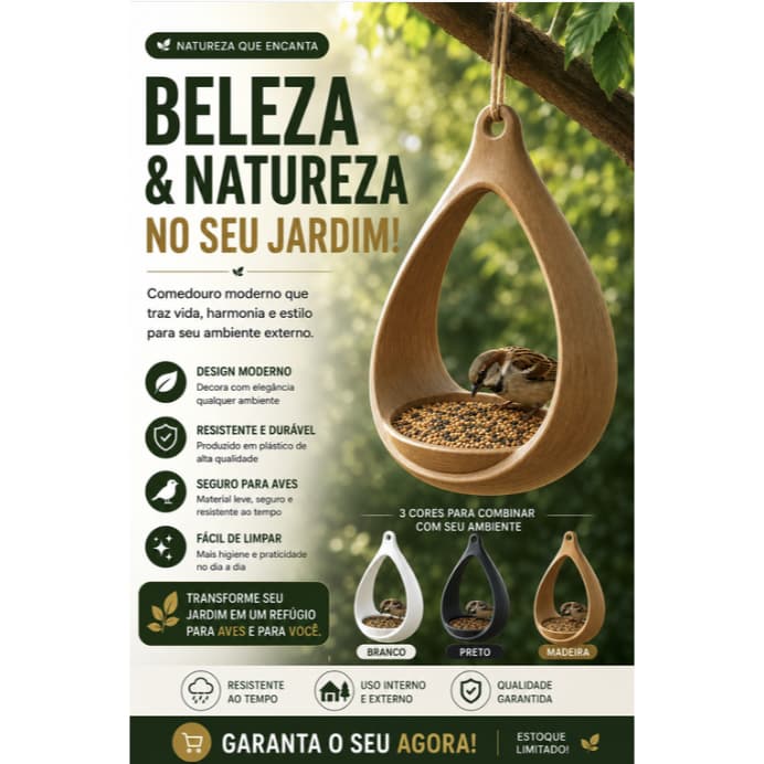 Comedouro para Pássaros Suspenso Jardim Alimentador Aves Branco Preto Madeira