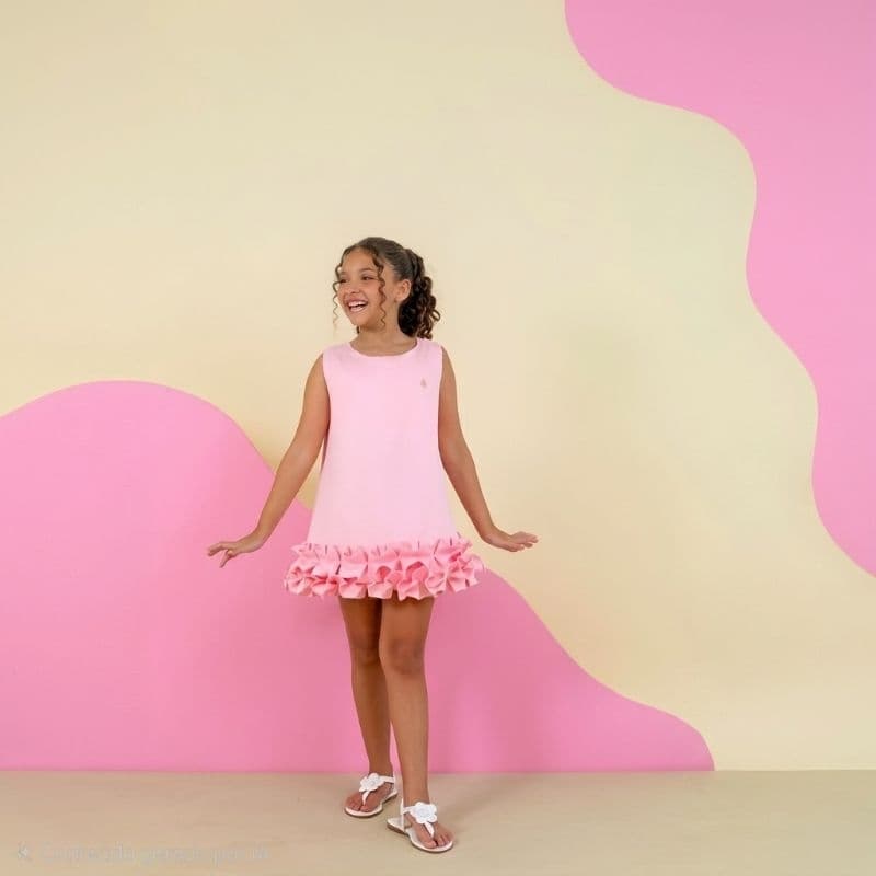 Vestido Infantil Menina Rosa Trapézio Com Babado Festa Casamento Aniversário [Tam 2 ao 10]