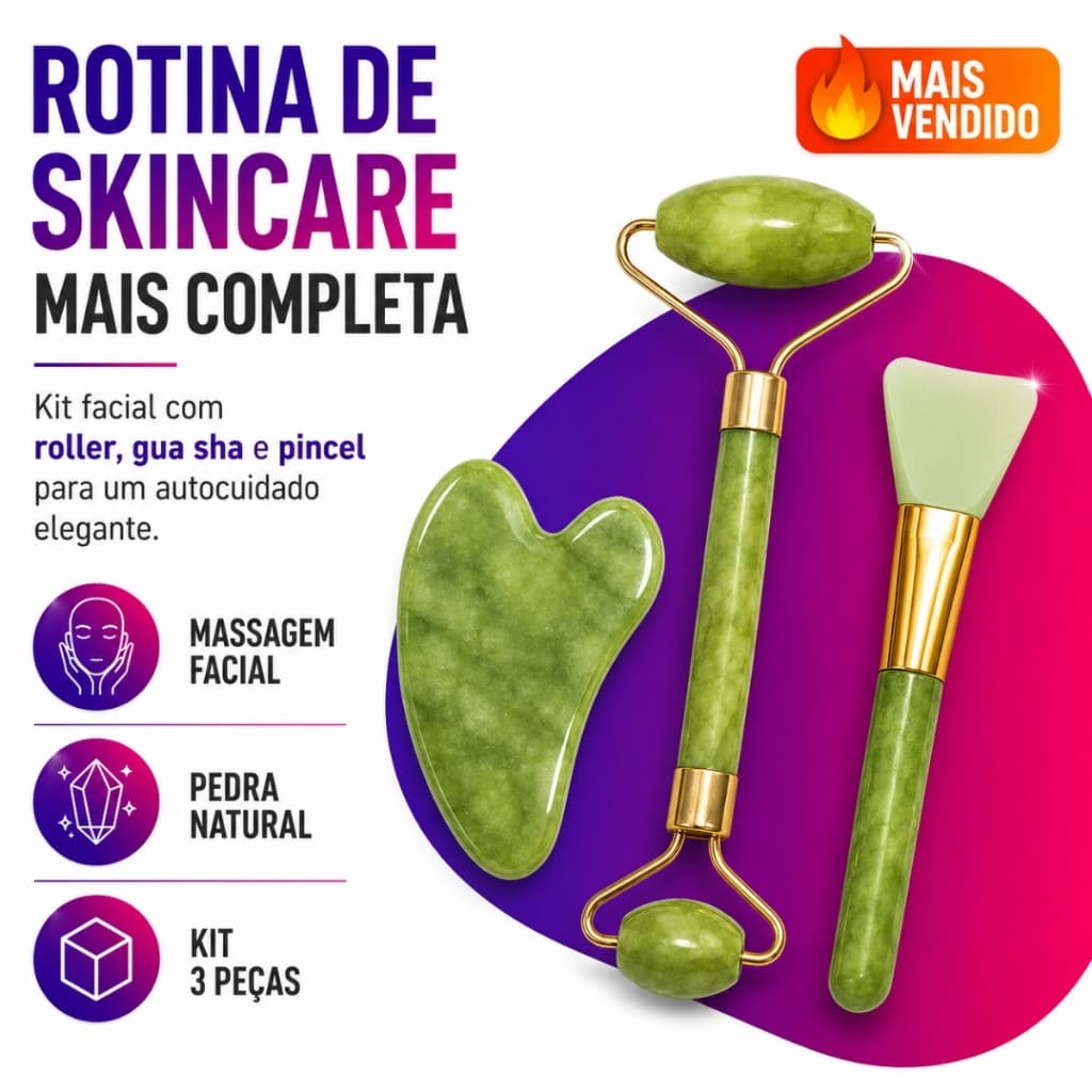 Kit Rolo de Jade Facial + Gua Sha e Pincel Massagem Profissional Antirrugas Drenagem Linfática Skincare