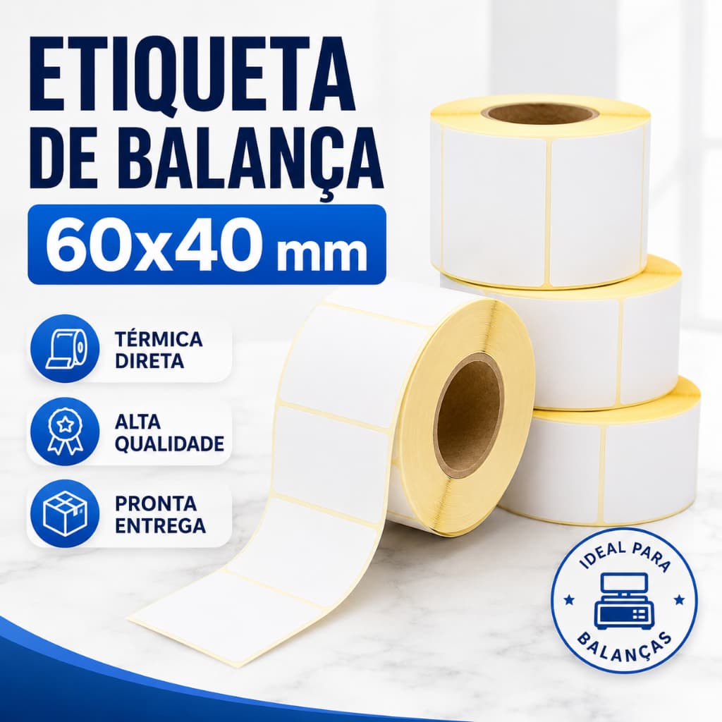 Etiqueta Térmica Adesiva 60x40 12 Rolos Metros p/ Balança e Impressora
