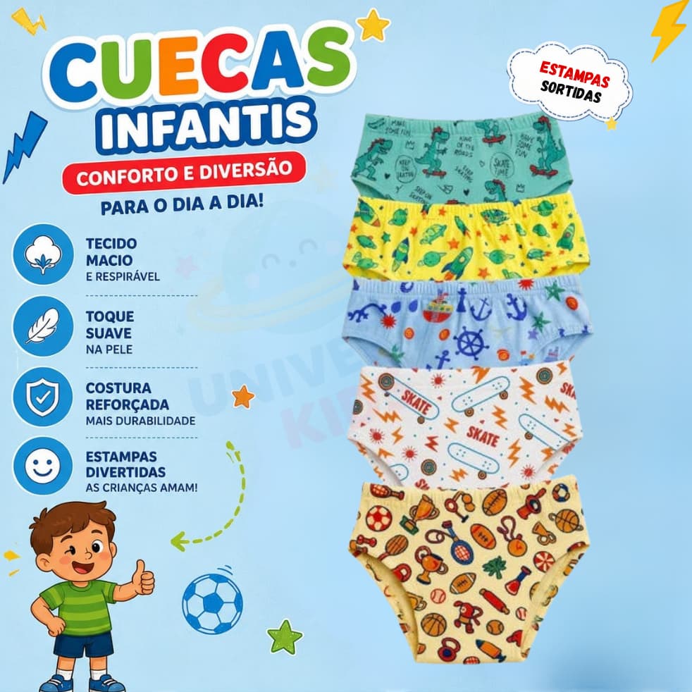Kit 10 Cueca Infantil Slip - 100% Forro Algodão Confortável Meninos