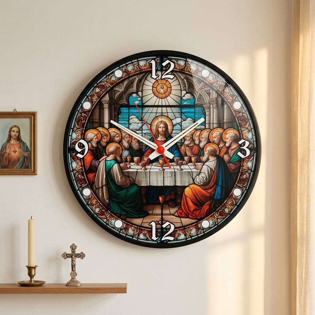Relógio de Parede MDF Santa Ceia Jesus Cristo Estilo Vitral Religioso Decorativo