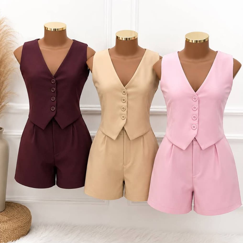 Conjunto Alfaiataria Feminino 2  Peças Short e Colete Social Elegante Moda Casual P ao GG