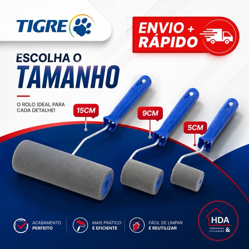 Rolo Rolinho Espuma Poliéster Cinza 5cm 9cm 15cm - Tigre