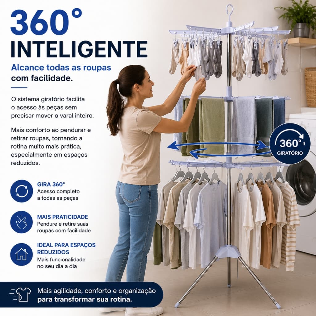 Varal Dobrável Giratório de Piso Altezza™ 360° Metal Anticorrosivo Alta Capacidade Compacto para Apartamento