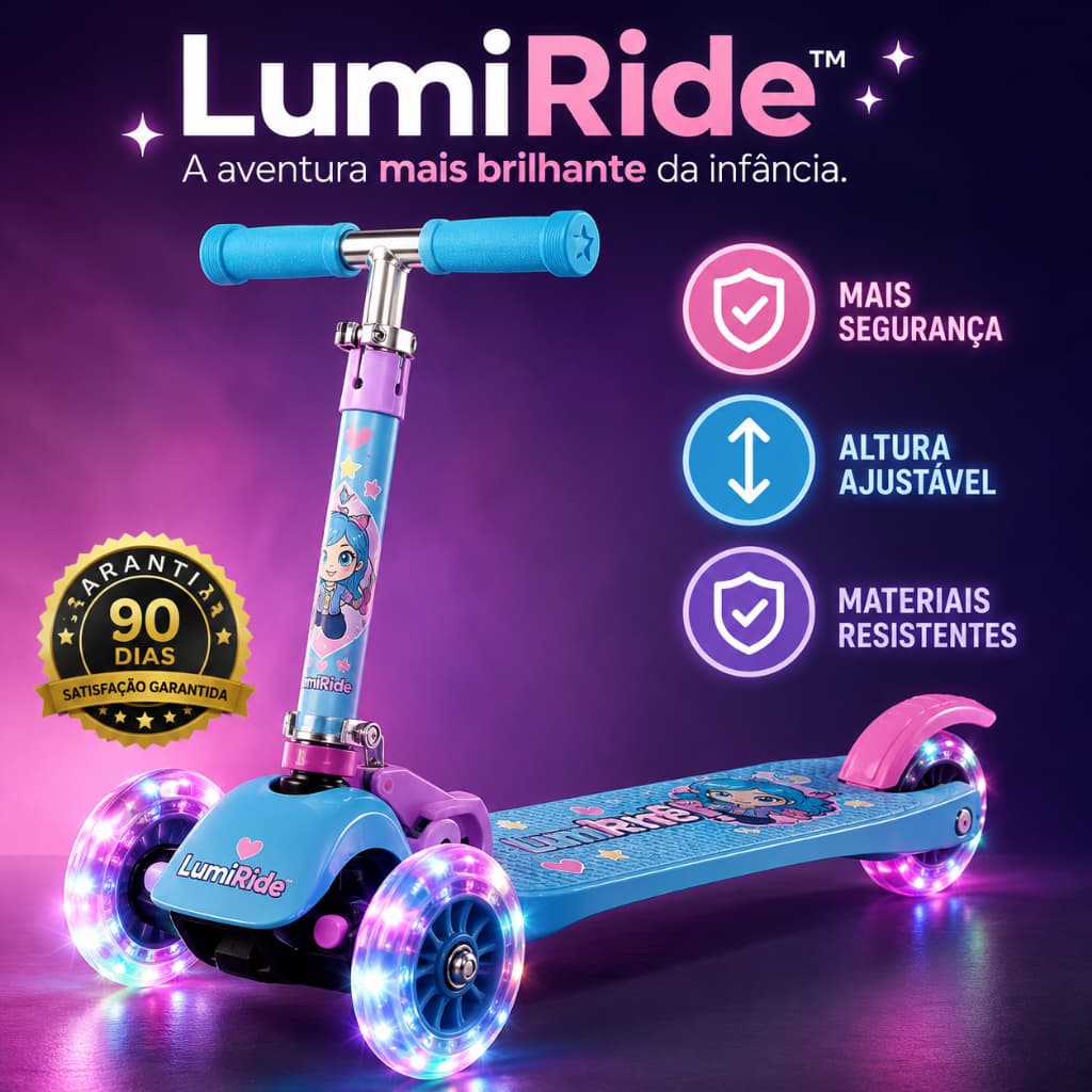 Patinete Infantil Menina Ajustável com Rodas LED Luzes Coloridas Seguro Altura Regulável LumiRide™