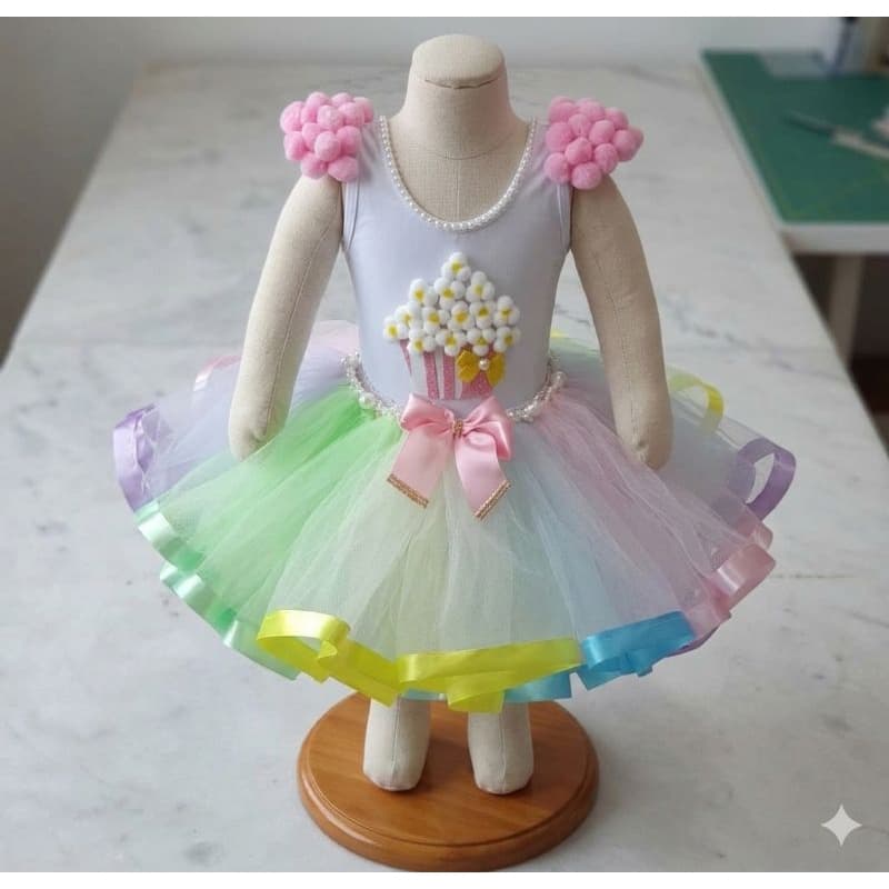 Vestido Infantil Temático Pipoca Doce Saia Tutu Luxo Festa