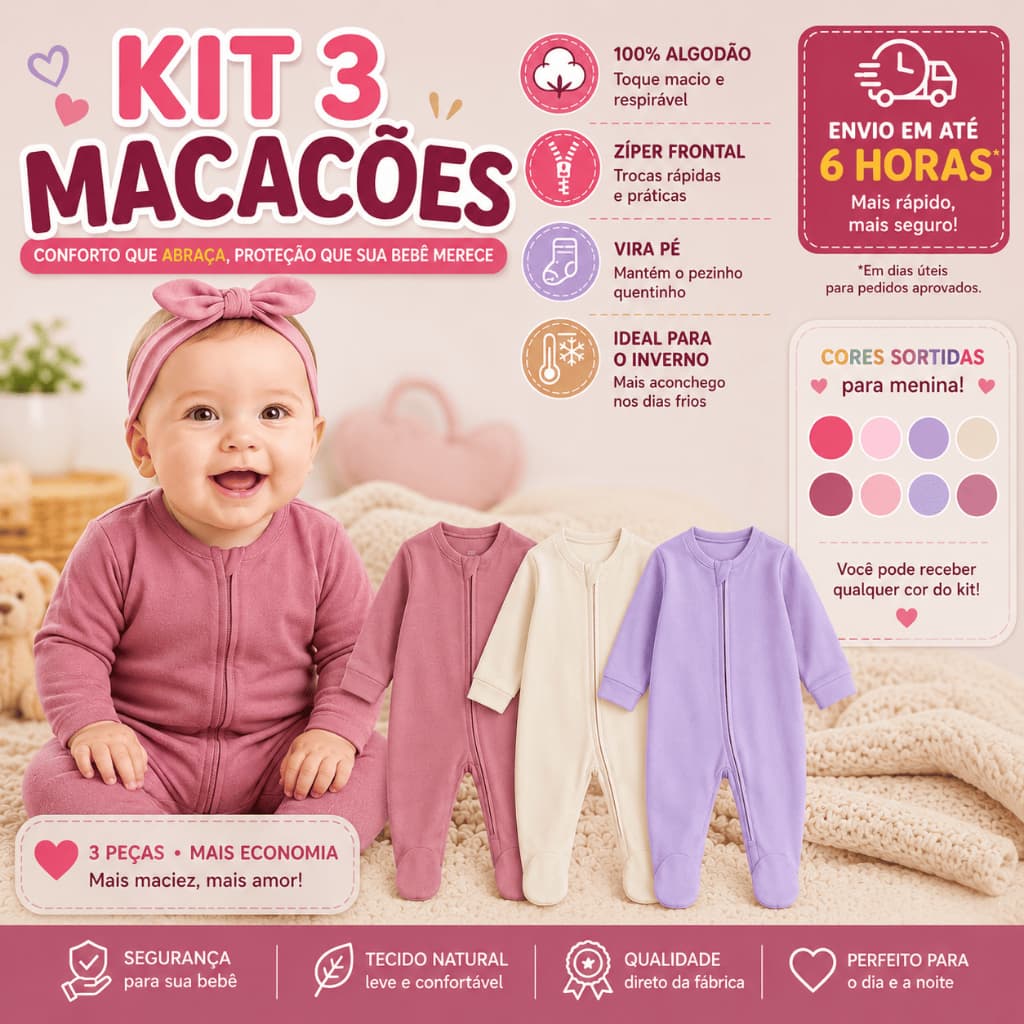 Kit 3 Macacão Bebê Ziper Menina Inverno 100% Algodão Macio Vira Pé