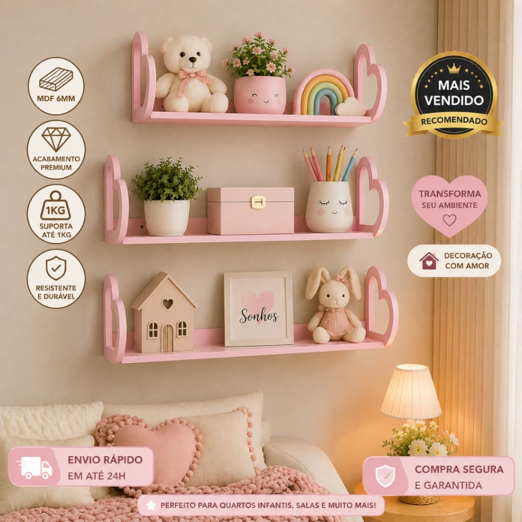 3 Prateleiras infantil decoração bebê coração colorido