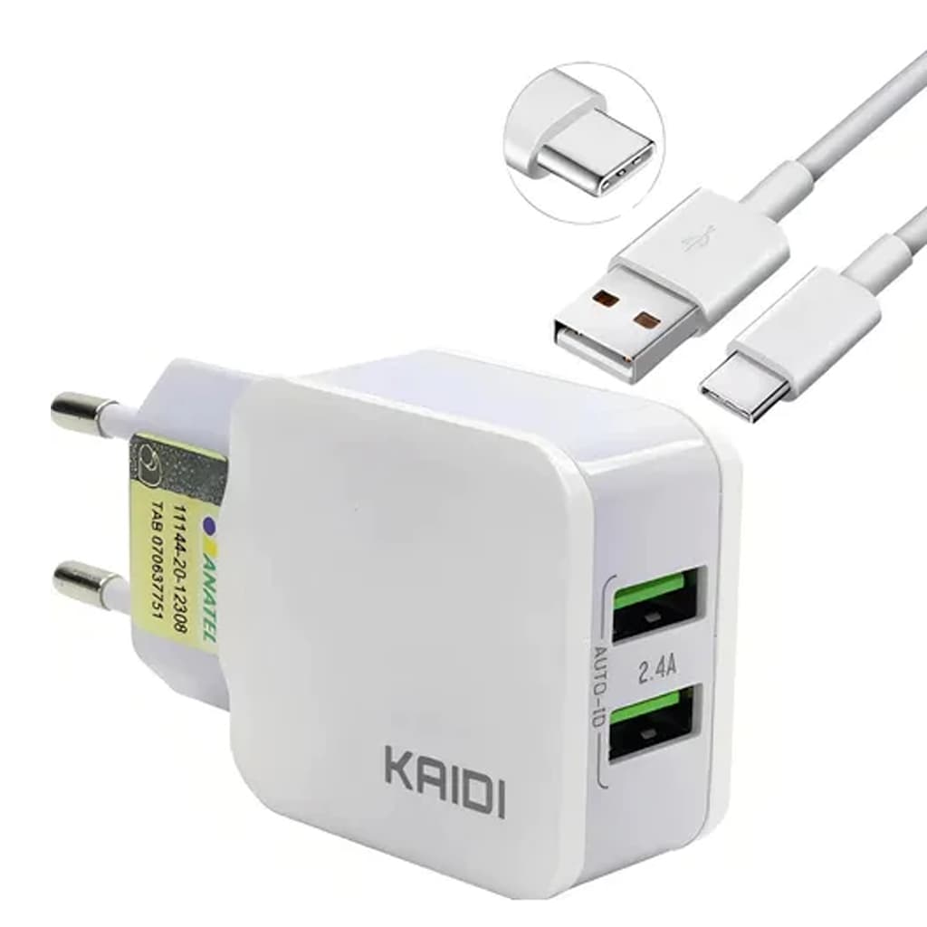 Carregador Turbo Duplo Rápido Kaidi KD-301C 2 Saídas USB Com Cabo Tipo C