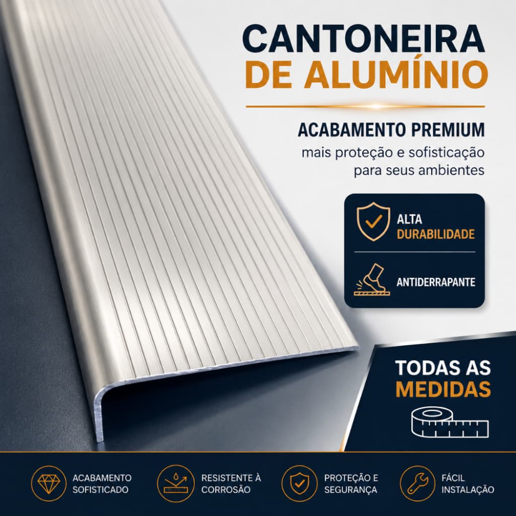 Cantoneira de Alumínio Reforçado para Degraus de Escada em L, Proteção e Acabamento Variação de Medidas