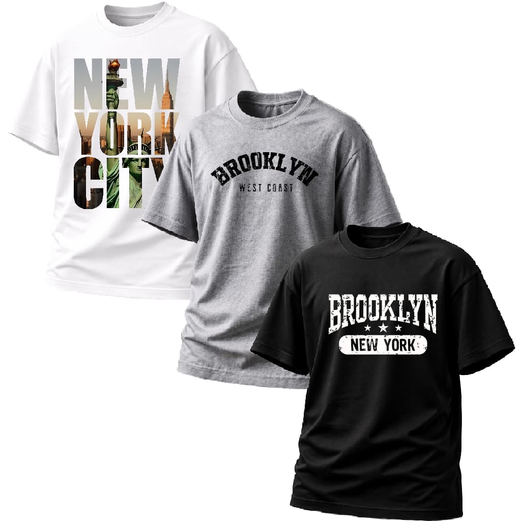 Kit 3 Camisetas Streetwear Unissex Estampada New York Brooklyn NYC