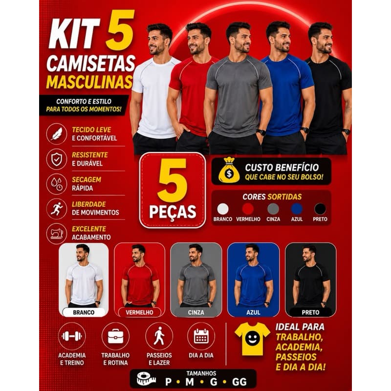 Kit 5 Camisetas Dry Fit Masculina - Casual - Treino - Academia - Esportes - Exercícios - Corrida