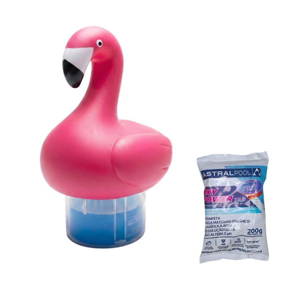 Kit Clorador Flutuante de Flamingo + 01 Pastilha para Limpeza de Piscinas