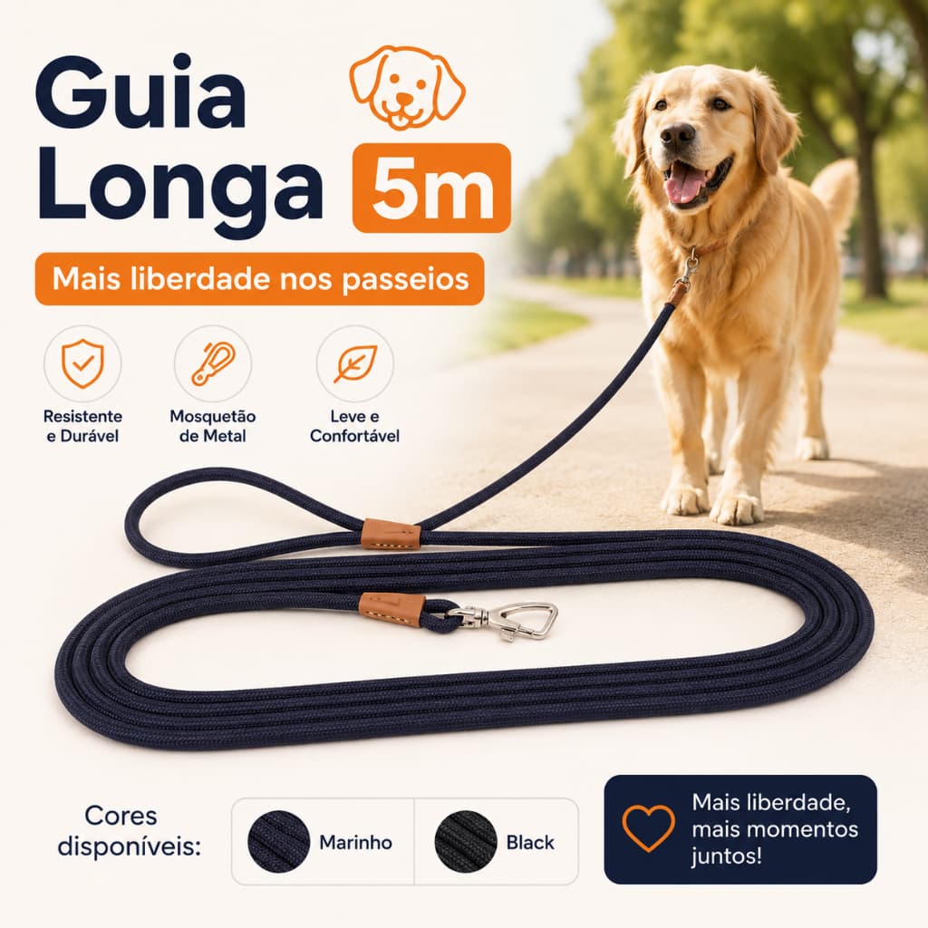 Guia Longa Para Cachorro 5 Metros Corda Resistente Passeio Treino Adestramento Marinho ou Black