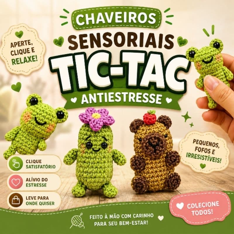 Chaveiro Sensorial Tic-Tac Antiestresse em Crochê | Capivara, Sapinho e Cacto | Amigurumi Croche