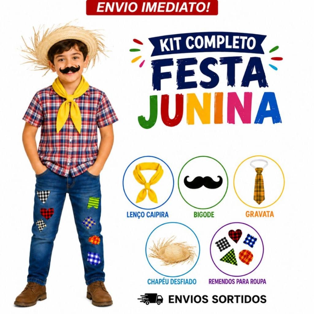 Kit Look Fantasia Roupa Junina Caipira Completo Festa Quadrilha Menino Infantil Arraial Escola