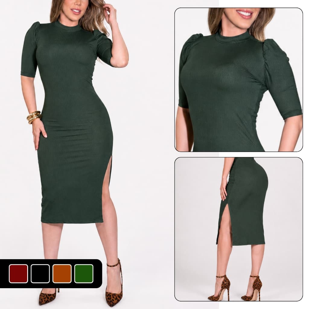 Vestido Feminino Midi com Mangas Bufantes Fenda Lateral Gola Média Ribana Elegante Casual Gringo