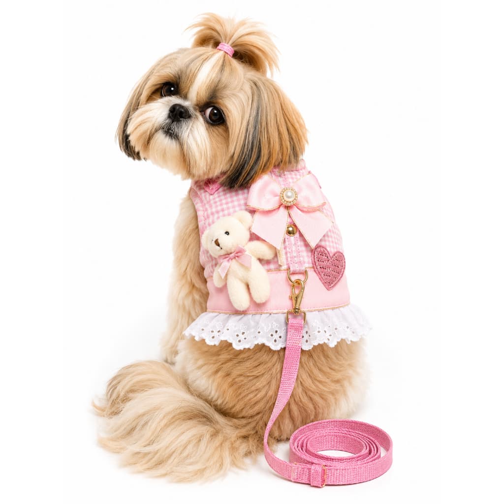 Coleira Peitoral com Guia Ursinho Rosa para Cães e Gatos Pequeno porte com ajuste