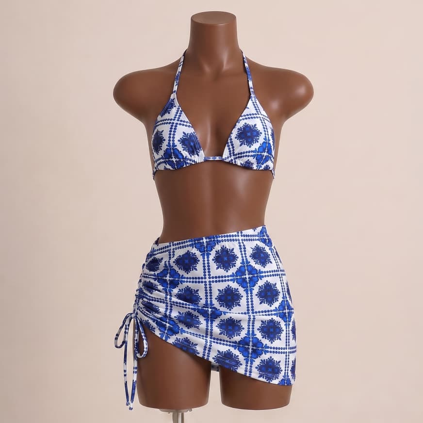 Conjunto Biquíni Cortininha + Saia | Look Feminino Praia Verão Colorido AZUL MOSAICOS  3 Peças Verão