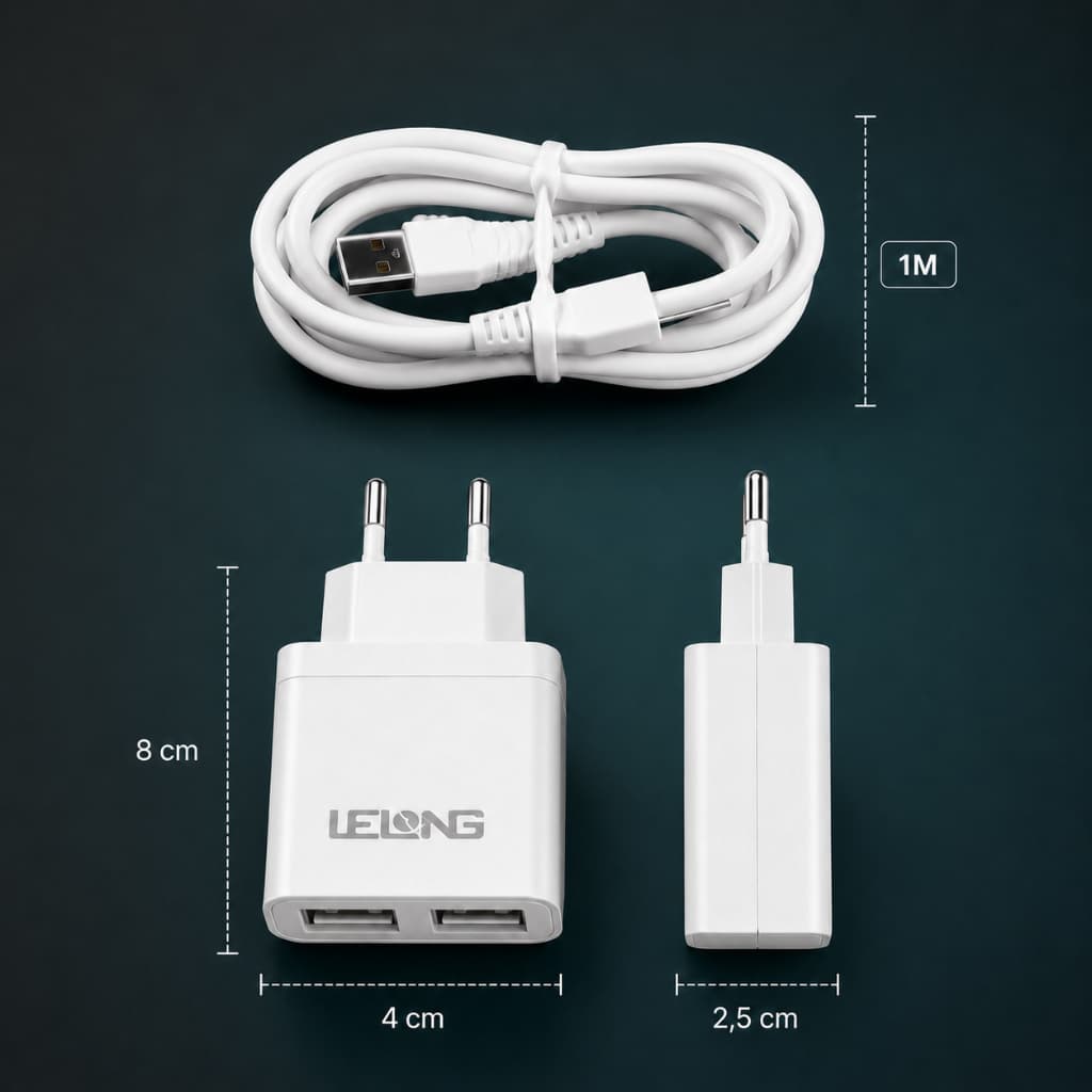 Kit Carregador Rápido 3.1A LeLong 2 Portas USB + Cabo Tipo C 1m Fonte Bivolt para Celular