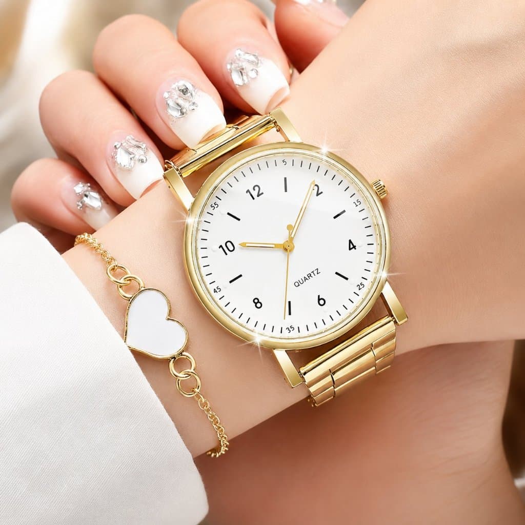 Relógio Feminino Dourado Quartzo Analógico Pulseira em Liga Elegante Casual Moda V248