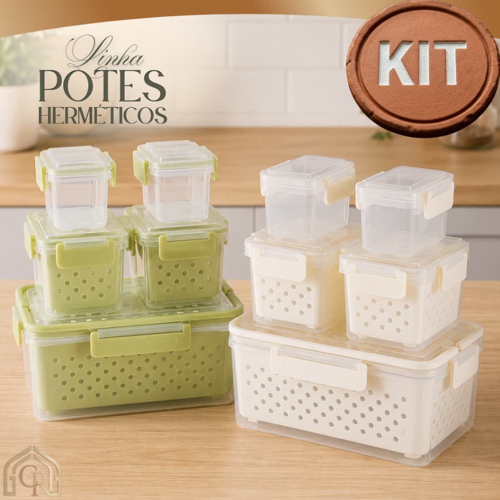 Kit 5 Potes Herméticos Multifunções Tampa e Cesto Conjunto Organizador Alimentos Conservação Cozinha