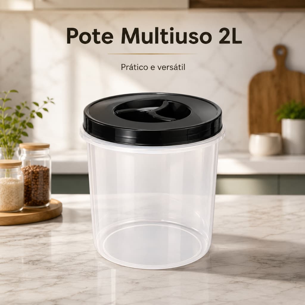 Pote Multiuso 2L Transparente Tampa Giratória Preta Organizador de Mantimentos Cozinha BPA Free