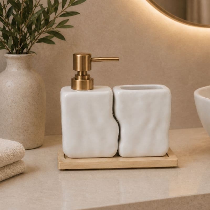 Kit Lavabo Cerâmica Banheiro 3 Peças Saboneteira Bandeja Bambu 580ml Decorativo