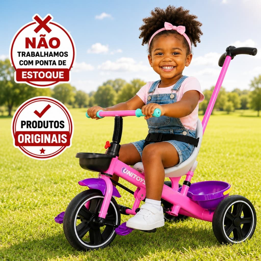 Triciclo Infantil Empurrador, Cadeirinha, Cinto de Segurança e Cesto Porta Objetos Rosa