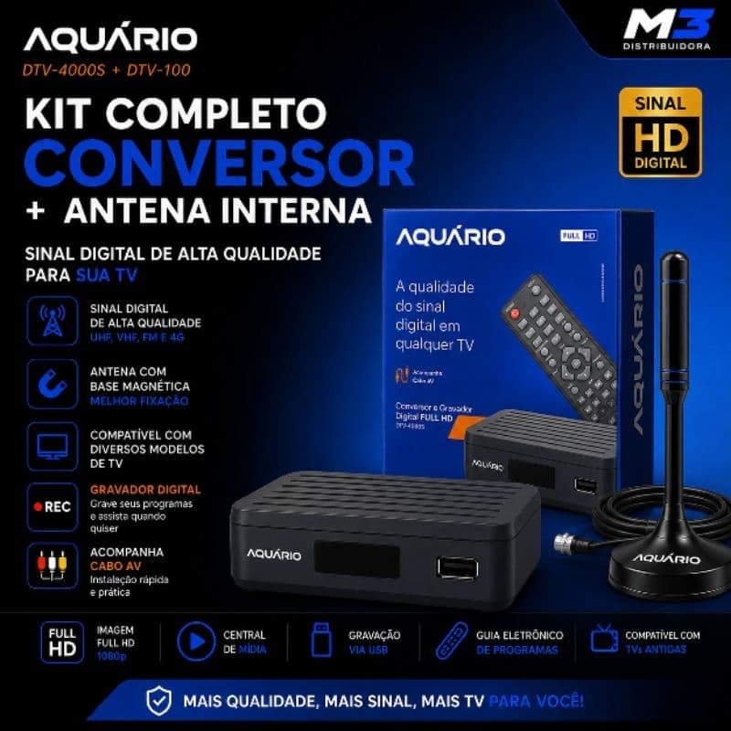 Kit Conversor Digital Full HD Aquário DTV-4000S + Antena Interna DTV-100 USB Gravador