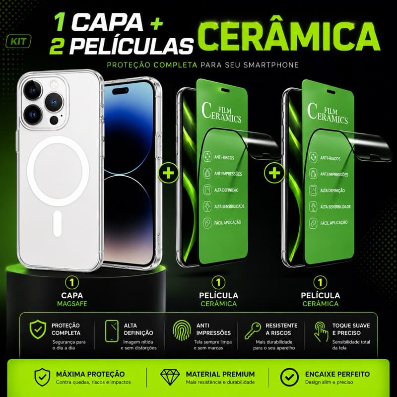 Capa MagSafe Transparente + 2 Películas Cerâmica iPhone 11 Anti Risco Alta Resistência