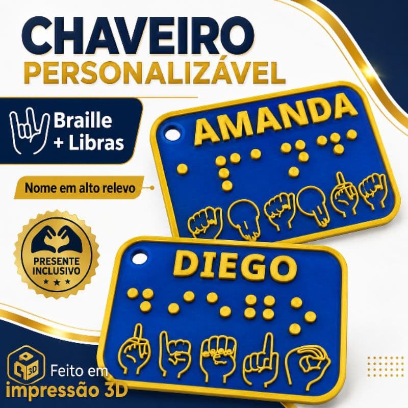 Chaveiro Personalizado Braille e Libras Nome em Alto Relevo Impressão 3D - presente perfeito