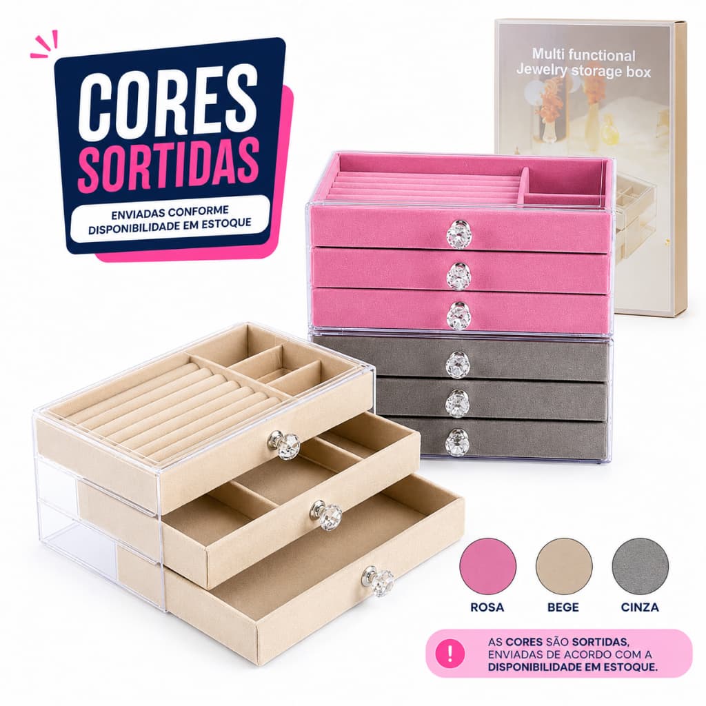 Porta Joias Organizador Acrílico Cristal 3 Gavetas Veludo Expositor Luxo Premium