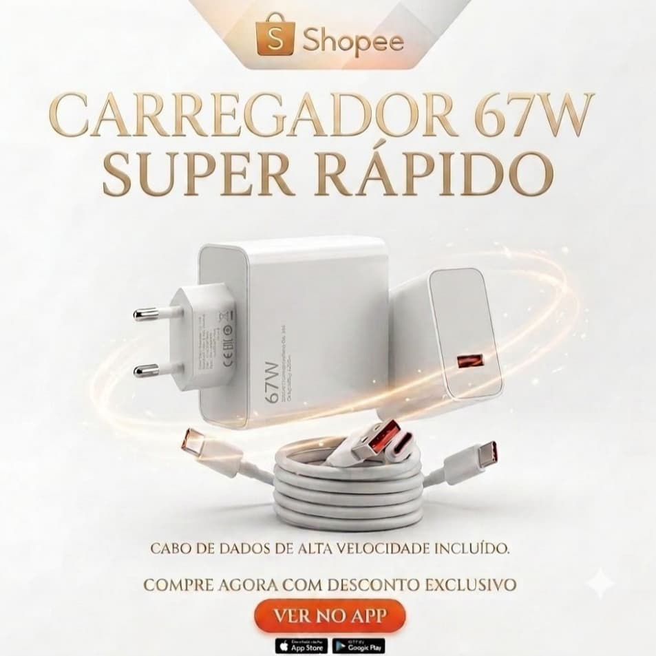 Carregador Rápido 67W Fonte e Cabo Tipo C 6A 1 Metro Carga Ultra Rápida
