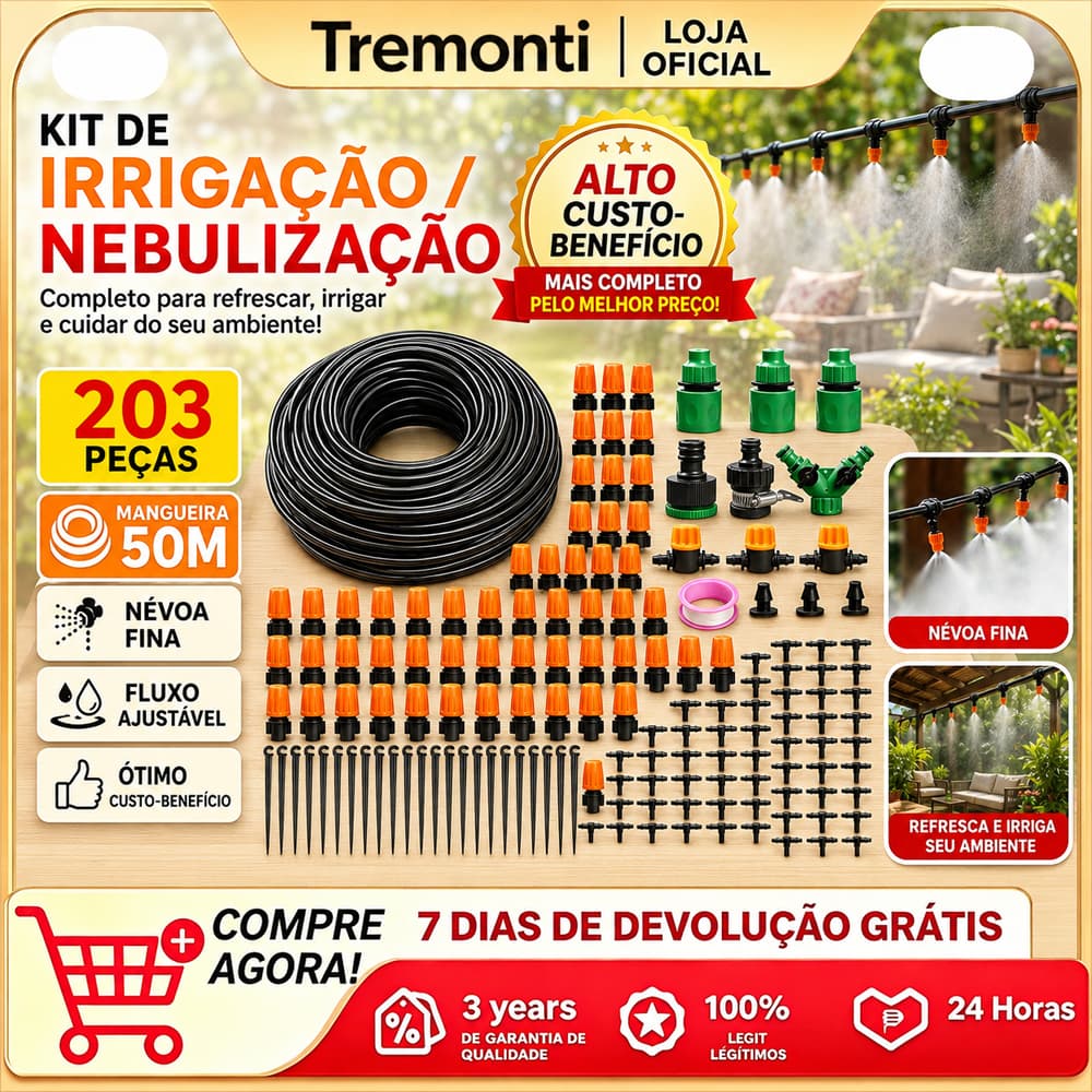 Kit 203 de sistema de nebulização para jardim com tubo de pulverização de 50 m para irrigação automática ajustável.