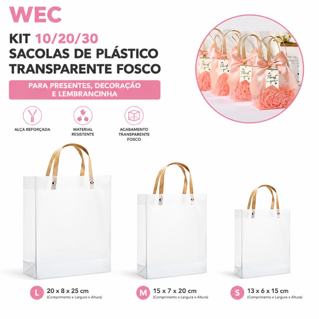 Kit 10/20/30 Sacolas de Plástico Transparente Fosco para presentes decoração lembrancinha